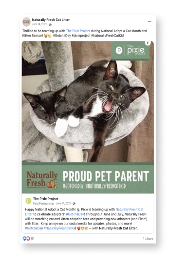 A social post for Naturally Fresh Cat litter, featuring two cuddling cats